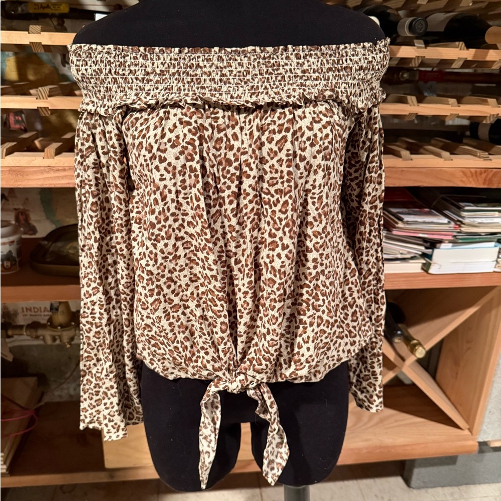 NWT Free People Beige and Brown Leopard Off-Shoulder Tie-Front Blouse